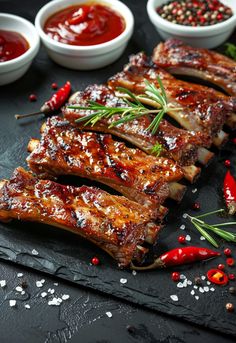 barbecue ribs with sauces and seasonings on a slate platter, ready to be served