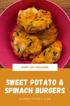 sweet potato and spinach burgers on a pink plate with the title baby led weaning