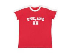 England Baby Tee Red or blue ringer t shirt with white contrast collar, arched England graphic, English flag and star. Blokette and soccer inspired jersey shirt. Measurements (in inches): Small- Width: 16 Length: 21.5 Medium- Width: 18 Length: 23 Large- Width: 19 Length: 25 #soccershirt #england #blokecore #handmade #europeansummer Care Instructions: * Do not dry clean * Wash and dry inside out * Hang dry (preferred) or machine dry on a delicate setting * Use cold water * Use mild detergent * Do not bleach Red Three Stripes Top For College, Red Three-stripes Tops For College, Flag Print Crew Neck Tops For Sports Events, Three Stripes Crew Neck T-shirt For College, Collegiate Three Stripes Short Sleeve T-shirt, Sports T-shirt With Flag Print In Cotton, Sports T-shirt With Flag Print, Red Retro T-shirt For Sports Events, Red Baby Tee