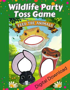 a book cover for wildlife party toss game with two animals and an animal's head