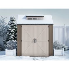 an outdoor storage shed with snow on the ground