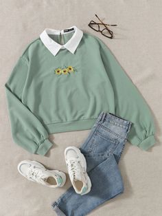 Mint Green Casual  Long Sleeve Polyester Colorblock,Floral Pullovers Embellished Slight Stretch Spring/Fall Women Sweatshirts Adrette Outfits, Cute Dress Outfits, Easy Trendy Outfits, Simple Trendy Outfits, Trendy Shirts, Cute Simple Outfits, Really Cute Outfits, Girls Fashion Clothes, Casual Style Outfits