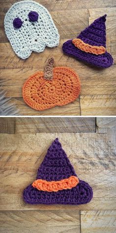 three crocheted hats with pumpkins on them, one is purple and the other is orange