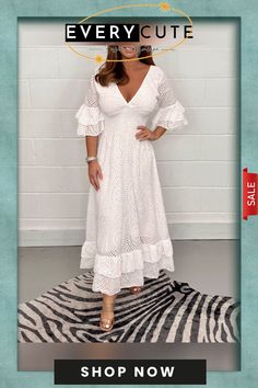 52% Off??embroidery Anglaise Frill Sleeve Midi Dress Elegant Embroidered V-neck Midi Dress, Elegant Summer Embroidered Dress With Ruffles, Summer Embroidered Lace Dress, Elegant Embroidered Dress With Ruffles For Summer, V-neck Lace Dress With Broderie Anglaise, Summer Midi Dress With Broderie Anglaise And Long Sleeves, Summer Long Sleeve Midi Dress With Broderie Anglaise, Summer Knee-length Embroidered Lace Dress, Elegant Embroidered Summer Dress