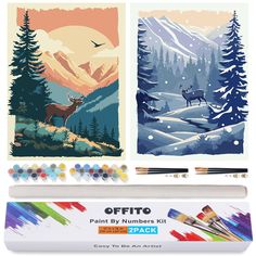 the paint by numbers kit includes two paintings, one with an image of deer and pine trees