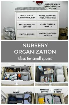 an organized nursery closet with lots of storage and organization tips for small spaces in it