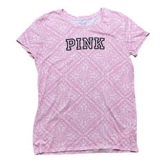 Victoria’s Secret Pink Brand Paisley Short Sleeve Tee Shirt In Pink And White With Black Pink Logo Across The Front Women’s Size Large Brand New With Tags Pink All Over Print T-shirt For Spring, Pink All-over Print Crew Neck Tops, Pink Crew Neck Top With All Over Print, Pink Casual Top With All Over Print, Pink Tops With All Over Print In Relaxed Fit, Casual Pink Top With All Over Print, Pink Relaxed Fit Top With All Over Print, Relaxed Fit Pink Top With All Over Print, Pink Short Sleeve Shirt For Loungewear