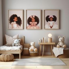 three framed pictures hang on the wall above a child's bed in a bedroom