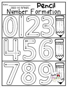 a number formation worksheet with numbers and pencils