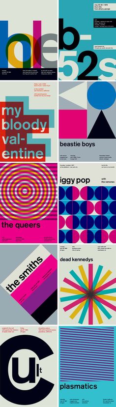 many different types of posters on the same page, each with different colors and shapes