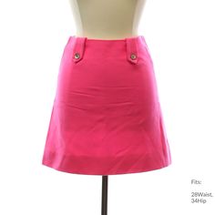 Late 60s or Early 70s "Home Sewn" Womens hot pink wool acrylic blend lowered waist hip-hugger style skirt having a center back zipper closing. Dual tabs on the front and back are held in place by a single silver metal button. Inside is lined by white silky acetate fabric. This mini-length garment measures 17inches from waist to hem. Fits: 28Waist, 34Hip Our item # 389004-A26607 Pink A-line Party Bottoms, Chic Pink A-line Bottoms, Fitted High Waist Pink Mini Skirt, Pink Fitted High-waist Mini Skirt, Pink Fitted High Waist Mini Skirt, Fitted Pink Pencil Mini Skirt, Pink A-line Skirt For Workwear, Pink High Waist Skirt For Workwear, High Waist Pink Skirt For Work