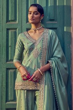 Sage green short kurta with mirror, marodi embroidery in geometric pattern. Paired with stripe embroidered sharara and dupatta. - Aza Fashions Green Shorts, Silk Embroidery, Three Quarter, Aza Fashion, Geometric Pattern, V Neck, Silk, Embroidery, Green