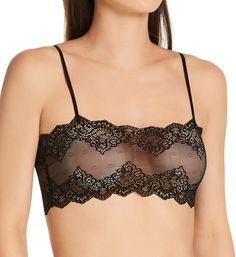 This cropped cami bralette will give you the sexy look you want for a fun night out. Or, you can wear this style underneath your top for comfortable support. Made of nylon/spandex. Unlined (unpadded) cami bralette is wireless for light support. See-through lace has scalloped edges for a sophisticated touch. Elastic spaghetti straps fully adjust in back with coated metal hardware and have restricted stretch. Pullover styling. Made in the USA. Please note: Model is wearing nipple covers (not inclu Chic Cropped Bra With Removable Pads, Underwire Bra Friendly Camisole For Night Out, Underwire Crop Top With Adjustable Straps For Night Out, Black Spaghetti Strap Crop Top With Removable Bra Pads, Chic Bra With Spaghetti Delicate Straps, Elegant Underwire Crop Top Bra Friendly, Chic Bandeau Bra With Built-in Support, Bra-friendly Bandeau Camisole, Bra Friendly Bandeau Camisole