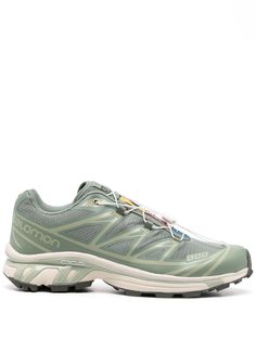 XT-6 Advanced sneakers from Salomon S/Lab featuring light green, multicolour, round toe, Flyknit construction, contrasting panel detail, lace-up detailing and ridged rubber sole. Green Lace-up Trail Running Shoes For Outdoor Activities, Green Trail Running Shoes With Vibram Sole, Green Low-top Trail Running Shoes With Vibram Sole, Green Low-top Trail Running Shoes For Light Sports, Green Low-top Running Shoes With Ventilation, Green Lace-up Trail Running Shoes With Air Max Cushioning, Green Trail Running Shoes With Air Max Cushioning, Green Lace-up Trail Running Shoes For Hiking, Green Breathable Trail Running Shoes For Outdoor