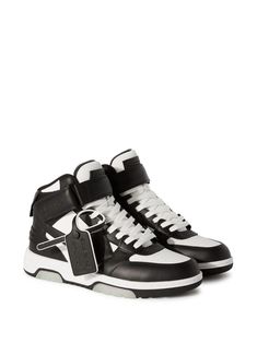 Off-White Out Of Office "OOO" Sneakers - Farfetch Luxury High-top Sneakers With Boost Midsole For Sports, Luxury High-top Sneakers With Boost Midsole For Streetwear, Luxury High-top Sneakers With Contrast Sole For Streetwear, Luxury High-top Sneakers With Contrast Sole, Luxury High-top Sneakers With Logo, Luxury High-top Sneakers With Round Toe For Sports, Luxury High-top Sports Sneakers, Black Calf Leather High-top Sneakers For Streetwear, Modern High-top Custom Sneakers With Branded Heel