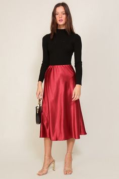 Satin Midi Flare Skirt -  - TIMING - MOD&SOUL Red Satin Skirt Outfit, Midi Satin Skirt, Midi Flare Skirt, Retro Styles, Chic Skirts, Red Skirt, Satin Midi Skirt, Elegant Skirt, Refined Style