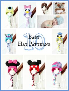 baby hat patterns for babies with mickey mouse ears and headbands, all in different colors