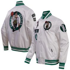 a white jacket with green trims and starbucks logo on the front, featuring an image of a basketball player