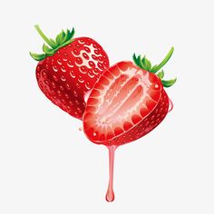 two strawberries are dripping down on each other