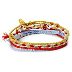 three different colored rope bracelets with red, white and blue beads on each strand