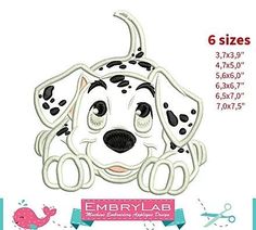 the embroidery design features a dalmatian dog with big eyes