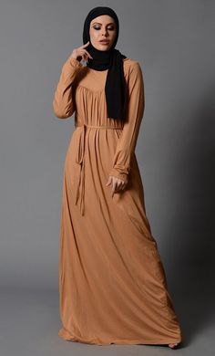 Everyday Multi Pleats Lycra Abaya - Honey Sand - EastEssence.com Casual Fall Abaya, Brown Stretch Long Sleeve Maxi Dress, Casual Long Abaya For Fall, Casual Long Sleeve Abaya With Modesty Panel, Casual Long Fall Abaya, Modest Maxi Length Abaya For Fall, Fall Season Modest Maxi Length Abaya, Fall Modest Maxi Length Abaya, Casual Abaya For Spring