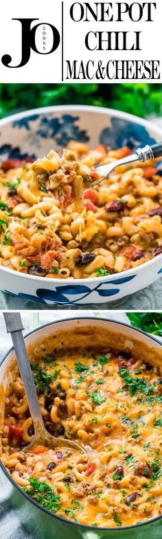 one pot macaroni and cheese is shown in two different pictures with the title above it