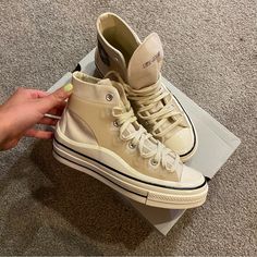 Size 8 But As You Know Converse Run Half A Size Big So They Are A 8.5. Brand New Never Worn. Send Offers Trendy Beige Canvas Shoes For Streetwear, Cream Lace-up Canvas Shoes, Beige Leather Canvas Shoes With Round Toe, Beige Canvas Shoes With Vulcanized Sole, Beige Platform Sneakers With Closed Toe, Beige High-top Canvas Shoes For Streetwear, Beige Closed Toe Platform Sneakers, Beige Lace-up High-top Sneakers With Cushioned Footbed, Beige Platform Sneakers With Rubber Sole And Round Toe