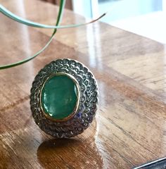 this ring is GORGEOUS!! you will love it! Really large Antique or vintage (looks like Victorian, but could be later) ring set with one big (approx 18x15mm -8-8.5CT by formula) Green Beryl - Emerald and natural old cut diamonds -3 rows! each approx 1.2-1.3mm. total carat weight of emerald and diamonds approx 9CTW+ it is hallmarked on the band 14k and made of solid yellow gold! also the bezel setting for the emerald made of solid 14k yellow gold. all of the diamonds set into solid 925 Silver (the Vintage Oval Emerald Ring With Rose Cut Diamonds, Collectible Round Emerald Ring, Vintage Silver Emerald Ring With Rose Cut Diamonds, Vintage Cabochon Emerald Ring For Anniversary, Heirloom Style Emerald Ring With Cabochon Cut, Elegant Handmade Emerald Ring, Heirloom Emerald Ring With Cabochon Cut, Heirloom Style Emerald Cabochon Ring, Heirloom Emerald Ring With Rose Cut Diamonds