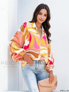 Peilia - Professional Womens Long Sleeve Floral Print Casual Blouse Trendy Vacation Blouse With Abstract Print, Trendy Blouse With Abstract Print For Vacation, Trendy Abstract Print Blouse For Beach, Trendy Beach Blouse With Abstract Print, Long Sleeve Tops With Abstract Print For Beach, Fall Vacation Blouse With Vibrant Print, Chic Vacation Blouse With Abstract Print, Chic Abstract Print Blouse For Vacation, Vibrant Print Long Sleeve Blouse For Day Out