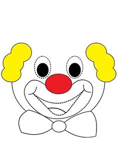 a drawing of a clown face with yellow hair and red nose, wearing a bow tie