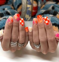 Fun Mail Designs, Scottsdale Nail Ideas, Pitbull Concert Nails, Vegas Gel Nails, Western Beach Nails, State Fair Nails, Car Show Nails, Western Acrylics, Orange Checkered Nails