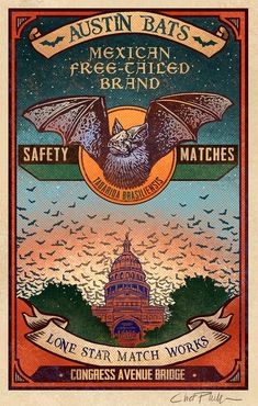 an old poster with bats flying over the top and below it are banners for various businesses