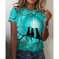 Category:T-shirt; Season:Summer; Fabric:Polyester; Sleeve Length:Short Sleeve; Look After Me:Machine wash,Washable,Wet and Dry Cleaning; Gender:Women's; Theme:Cat,Painting; Style:Basic; Elasticity:Micro-elastic; Tops Type:T shirt; Occasion:Daily,Weekend; Details:Without Lining; Top Length:Regular; Fit Type:Regular Fit; Pattern:Cat; Design:Print; Neckline:Round Neck; Brand:Shall We; Listing Date:07/05/2021; Bust:; Length:null; Sleeve:; Fit US Size:null; Fit UK Size:null; Fit EU Size:null; Print T Stretch Printed T-shirt For Summer, Summer Stretch Printed T-shirt, Summer Cat Print Crew Neck T-shirt, Summer Crew Neck T-shirt With Cat Print, Blue Cat Print Summer Tops, Blue Cat Print Tops For Summer, Casual Summer Cat Print Tops, Casual Cat Print Top For Summer, Casual Summer Tops With Cat Print