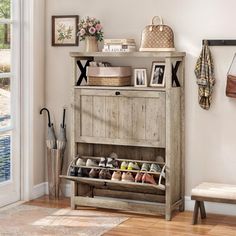 a wooden shoe rack sitting next to a window