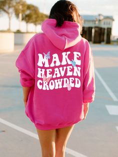 Spread a Message of Faith with this cute Make Heaven Crowded with Butterflies Hoodie Sweatshirt! This Preppy Christian Hoodie is super comfy! Size up for a Trendy Oversized Look!  ♥ Hello and Welcome to Meaningful Tees Shop! ♥ Printed on the most popular Unisex Hoodie, the Gildan 18500 is 50% Cotton / 50% Poly. The soft fleece lining makes it super Comfy and is sure to become your new favorite! ♥ All of our items are made to order with care for each customer : ) ♥ Please allow 3-7 BUSINESS days Cute Fleece Hoodie Sweatshirt, Pink Fleece Hoodie With Graphic Print, Pink Hooded Hoodie With Letter Print, Pink Crew Neck Hoodie With Kangaroo Pocket, Cute Hoodie Sweatshirt With Kangaroo Pocket, Spring Hooded Sweatshirt With Letter Print, Hooded Letter Print Spring Sweatshirt, Cute Fleece Hoodie With Crew Neck, Cute Fleece Crew Neck Hoodie