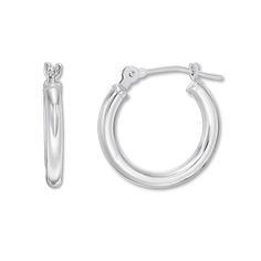 A smooth finish imbues timeless appeal to these 14K white gold hoop earrings for her. The earrings secure with snap-lock backs. Classic Sterling Silver Huggie Earrings, Classic Huggie Earrings With Spring Ring Clasp For Anniversary, Classic White Gold Huggie Earrings, Classic Round Huggie Earrings, Timeless Round Huggie Earrings With Polished Finish, Classic Huggie Earrings, Classic Hypoallergenic Huggie Earrings For Formal Occasions, Classic Sterling Silver Huggie Earrings With Spring Ring Clasp, Classic Silver Small Hoop Huggie Earrings