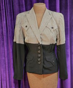 "This pretty and iconic jacket is in excellent vintage condition:  there is one small snag in the wool on the right sleeve - see photo #7 - that can be repaired from the underside and the black satin lining should be removed or replaced. Be sure to note the wonderful 1\" black buttons down the front and the matching 1/2\" buttons on the flapped faux chest  pockets and those on the 5\" flapped pockets on either side of the waist. The waist is nipped and there is a light shoulder pad on each shoul Vintage Fitted Blazer For Office, Fitted Vintage Blazer For Office, Vintage Fitted Office Blazer, Vintage Fitted Blazer With Buttons, Vintage Fitted Winter Blazer, Vintage Fitted Blazer For Fall, Fitted Vintage Wool Outerwear, Vintage Tailored Black Blazer, Fitted Vintage Workwear Blazer