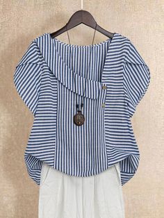 Azul Casual Collar manga corta Tela tricotada Color combinado,A rayas Top Embellished No-Elástico Elegant Dresses Long, Casual Stripes, Kids Sleepwear, Collar Shirt, Casual Blouse, Plus Size Blouses, Plus Size Casual, Kids Beachwear, Fashion Tops