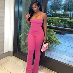 MQTIME - Fashionable and Sexy Backless Hanging Neck Strap jumpsuit for Women Spring/Summer New Solid Color Slim Fit Long Flare jumpsuits Flare Leg Jumpsuit, Bell Bottom Jumpsuits, Streetwear Model, Straps Jumpsuit, Jumpsuit Casual, Jumpsuit For Women, Flare Jumpsuit, Jumpsuit Pattern, Pink Jumpsuit