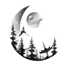 an image of the moon with trees and birds flying over it in black and white