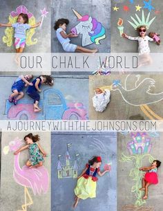 some children are laying on the ground with chalk drawings in front of them that read our chalk world