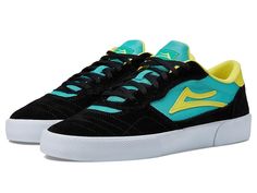 a black and blue sneaker with yellow accents