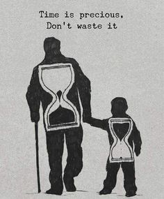 an image of a man holding the hand of a child in front of an hourglass