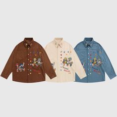 Material: 100% PolyesterFeatures: Shirts, lapel, long sleeve, cartoon pattern embroidered design, relaxed fit, soft and breathable, unisex, couple outfits.Style: Casual, college Costume Bags, Outwear Coat, Sunglass Chain, Cartoon Pattern, Couple Outfits, Casual Sets, Embroidered Design, Bra Set, Bottoms Pants