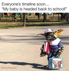 a small child dressed as a rat with a backpack and suitcase on the street, caption reads everyone's timeline soon my baby is headed back to school