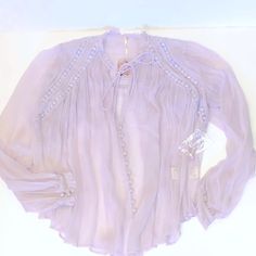 Nwt Free People Lilac Lace & Chiffon Blouse Sheer With Button Cuffs Beautiful Romantic, Slightly Cropped Silhouette. Lots Of Flow And Movement - Generous Sizing - Would Fit Up To A Standard Medium Spring Purple Chiffon Top, Spring Chiffon Button-up Blouse, Spring Chiffon Tops With Lace Trim, Chiffon Tops With Lace Trim For Spring, Feminine Chiffon Blouse For Daywear, Chiffon Tops For Daywear, Long Sleeve Chiffon Blouse For Daywear, Chiffon Blouse With Lace Trim For Spring, Elegant Purple Chiffon Blouse