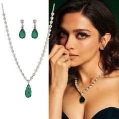 Experience elevated style with our exquisite Deepika Padukone Inspired Emerald Doublet Necklace. Crafted meticulously using American Diamonds and featuring a captivating emerald doublet, this piece of Indian diamond jewelry truly embodies sophistication. The alluring green pendant necklace effortlessly adds a touch of glamour, making it the ultimate statement accessory for any occasion. Immerse yourself in the allure of Bollywood-inspired beauty and grace with this enchanting necklace.  *𝐏𝐑𝐎𝐃𝐔𝐂𝐓 𝐃𝐄𝐓𝐀𝐈𝐋* * Material: Brass * Plating: White Rhodium Plated * Stone: AAA Quality Diamond & Emerald Doublet. *𝐃𝐈𝐌𝐄𝐍𝐒𝐈𝐎𝐍𝐒* *Necklace* * Weight:  31 gm  * Chain Length: 12 Inches *Pendant* * Chain Length: 1.2 Inches * Width: 0.4 Inches *Earrings* * Weight: 5 gm Each * Length:  2.1 Formal Green Necklace With Detachable Pendant, Diksha Rawat, Emerald Necklace Indian, Green Emerald Necklace, Indian Diamond Jewellery, Emerald Green Necklace, Green Pendant Necklace, Sabyasachi Jewellery, American Diamond Necklaces