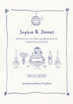 a wedding card with an image of a cake and wine bottle on it, in blue ink