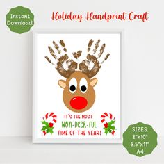 a christmas reindeer handprint craft with the words it's the most fun time of the year